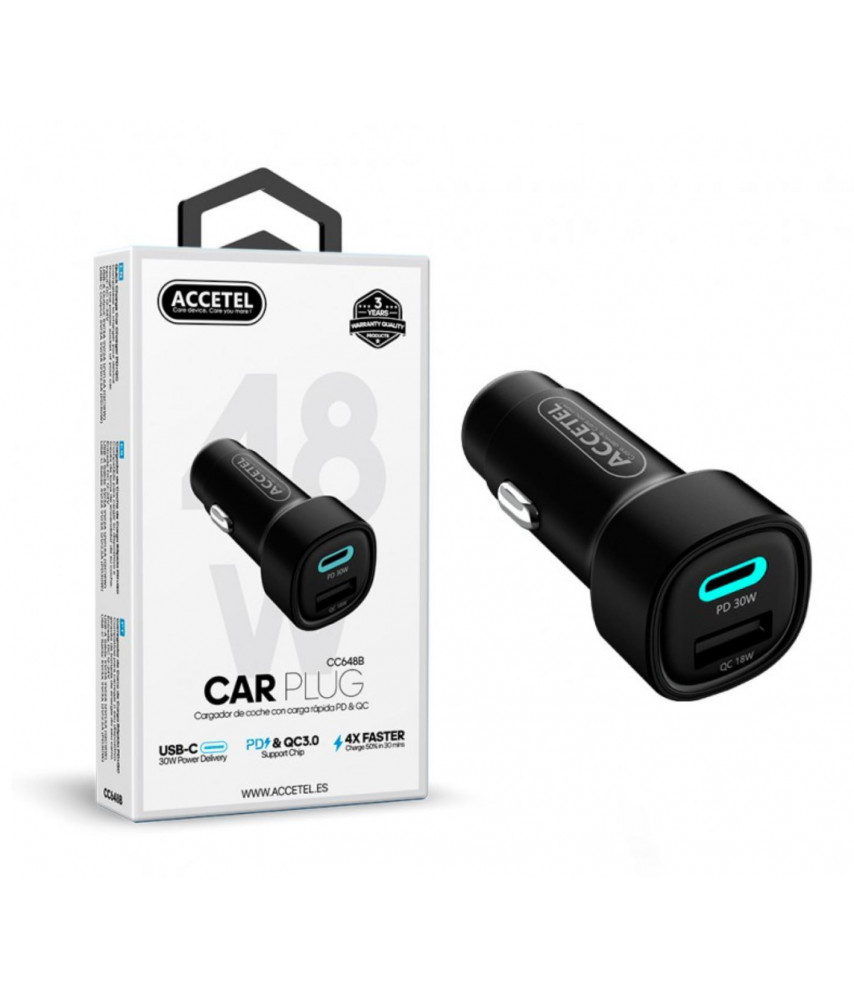 ADAPTADOR DE COCHE TIPO C/USB ACCETEL